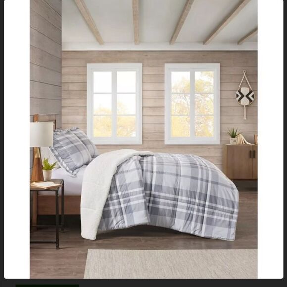 Premier Comfort Reversible Velvet Charcoal Sherpa Comforter Sets, Gray/White - Picture 1 of 4